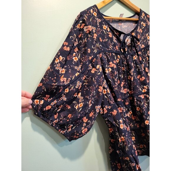 Old Navy Black Pink Floral Tie Neck Puff Sleeve Peasant Top Sz 3X - Picture 3 of 3